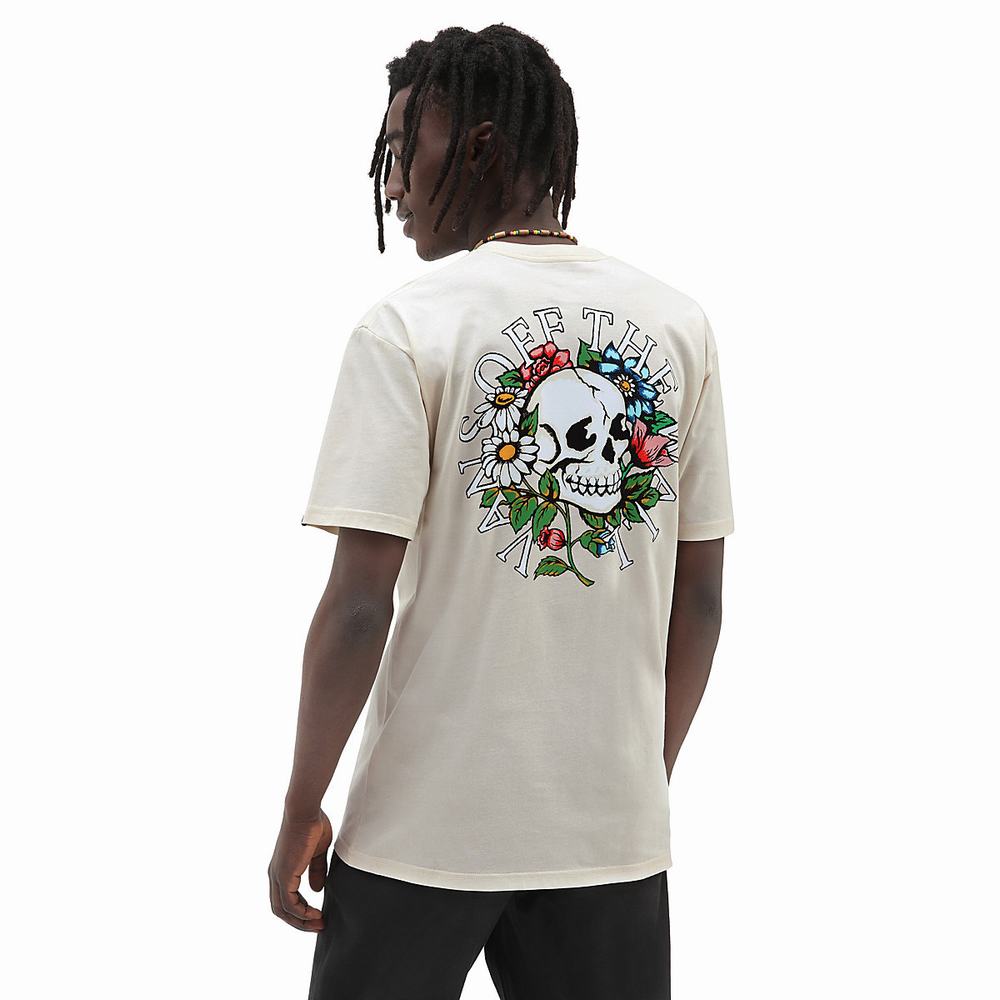 Men\'s Vans Floral Skull T Shirts White | USA13420