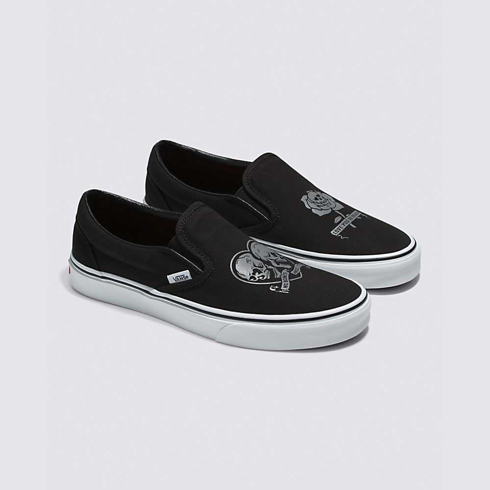 Men's Vans Love You To Death Classic Slip-On Sneakers Black / White | USA80974