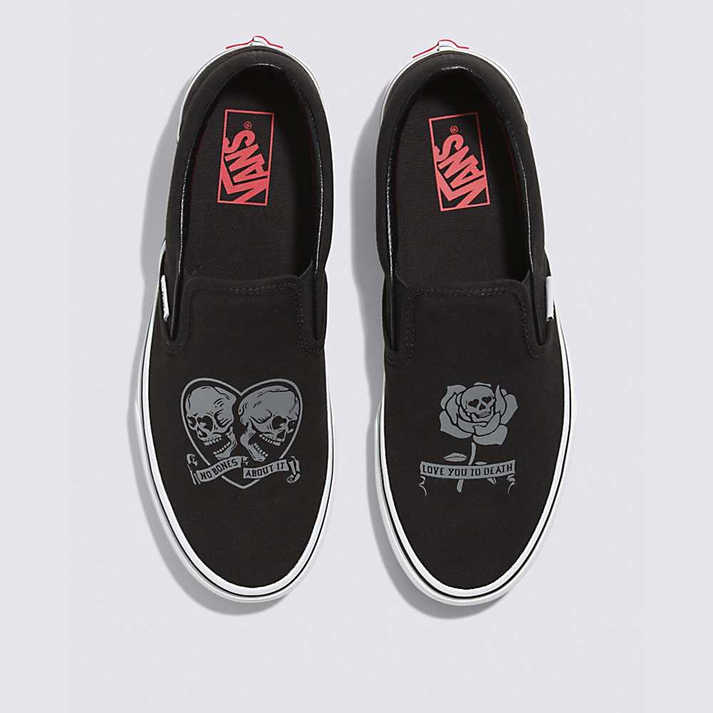 Men's Vans Love You To Death Classic Slip-On Sneakers Black / White | USA80974