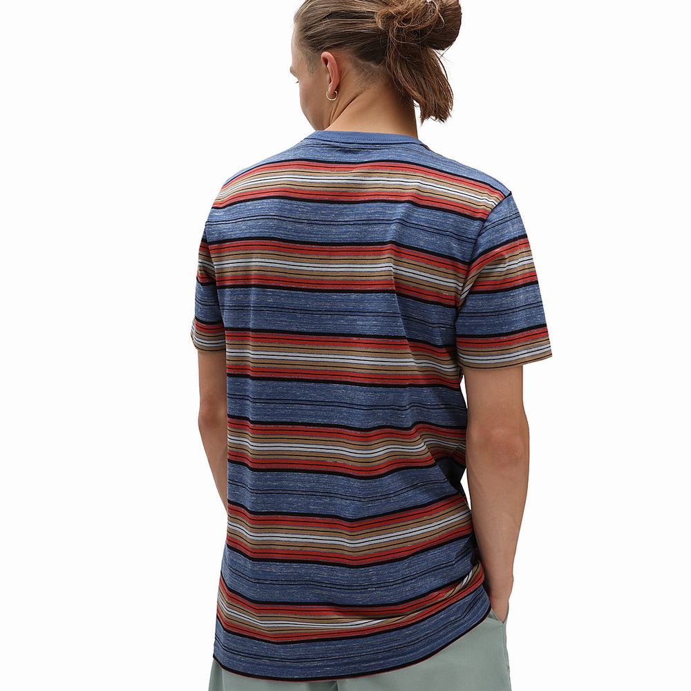 Men's Vans Mesa Stripe Pocket Crew T Shirts Blue | USA03579