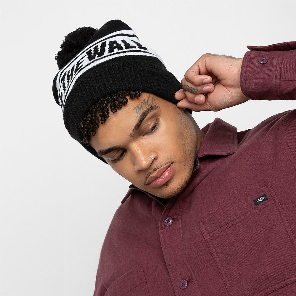 Men\'s Vans Off The Wall Pom Beanie Black / White | USA70649