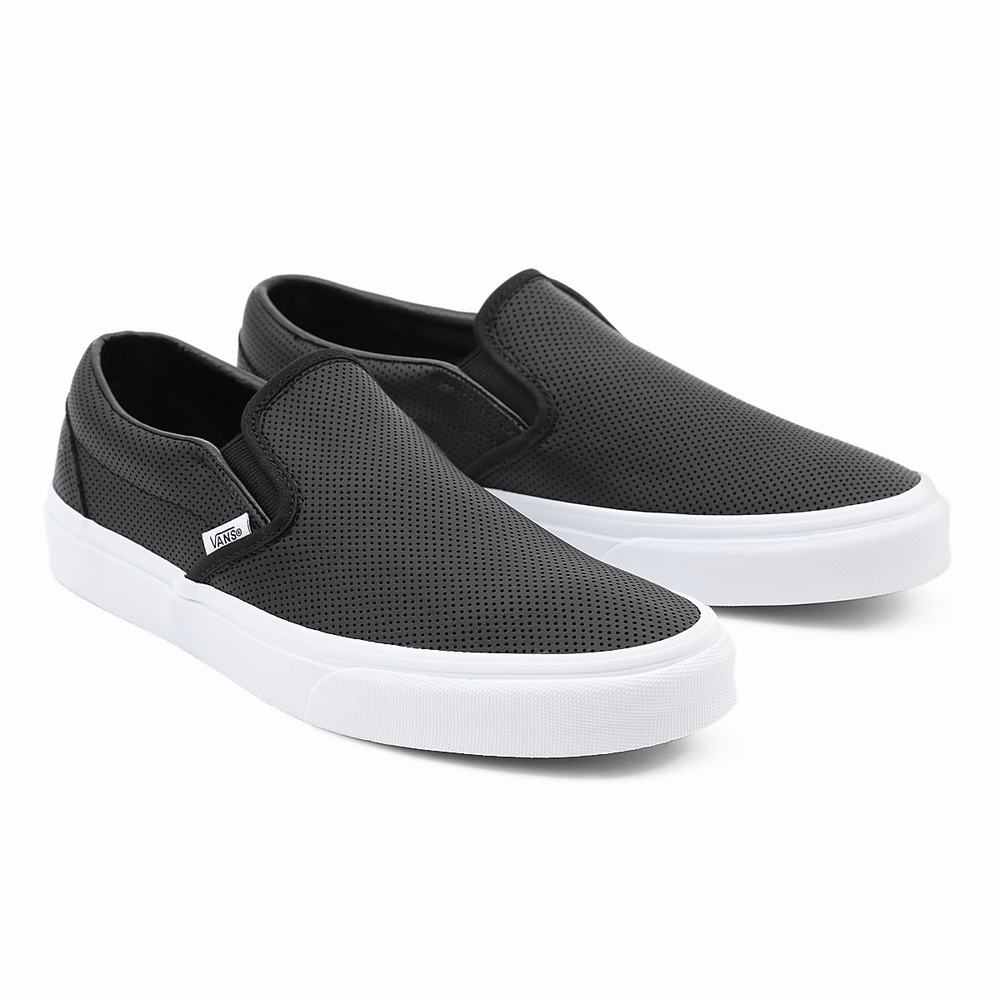 Men\'s Vans Perf Leather Classic Slip On Shoes Black | USA27035