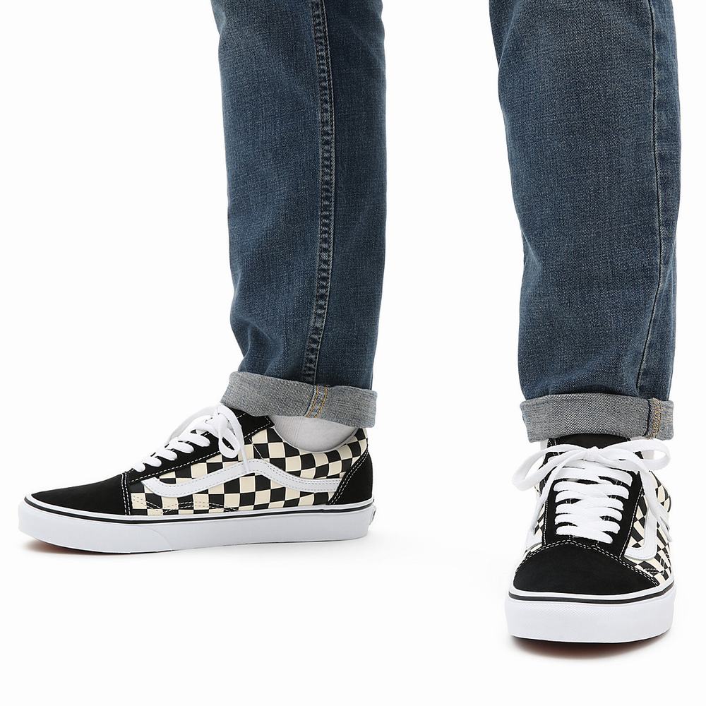 Men's Vans Primary Check Old Skool Sneakers Black / White | USA80634