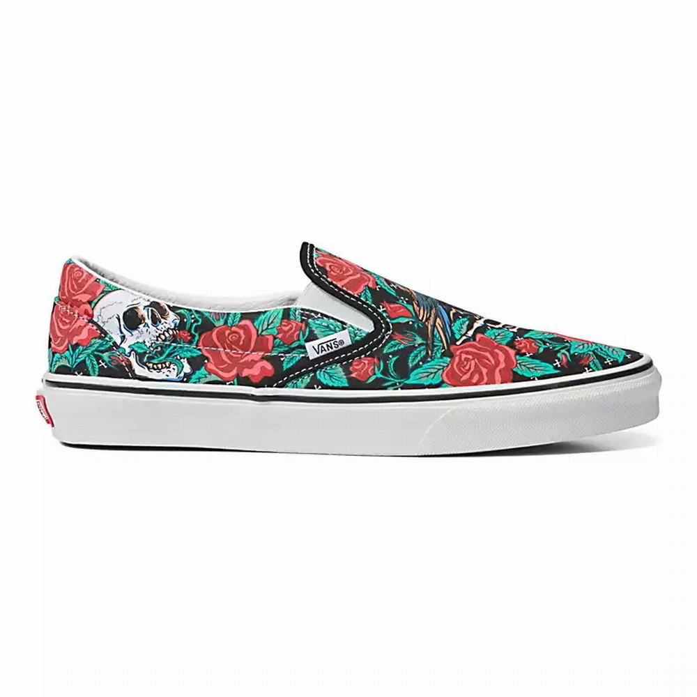 Men's Vans Rose Skulls Classic Sneakers Black / White | USA65419