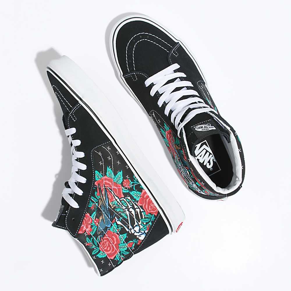 Men's Vans Rose Skulls Sk8-Hi Sneakers Black / White | USA14568