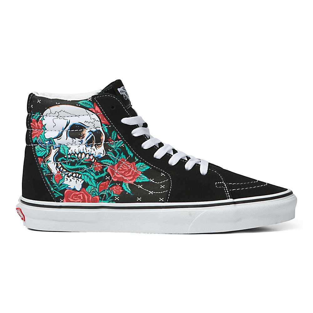 Men's Vans Rose Skulls Sk8-Hi Sneakers Black / White | USA14568