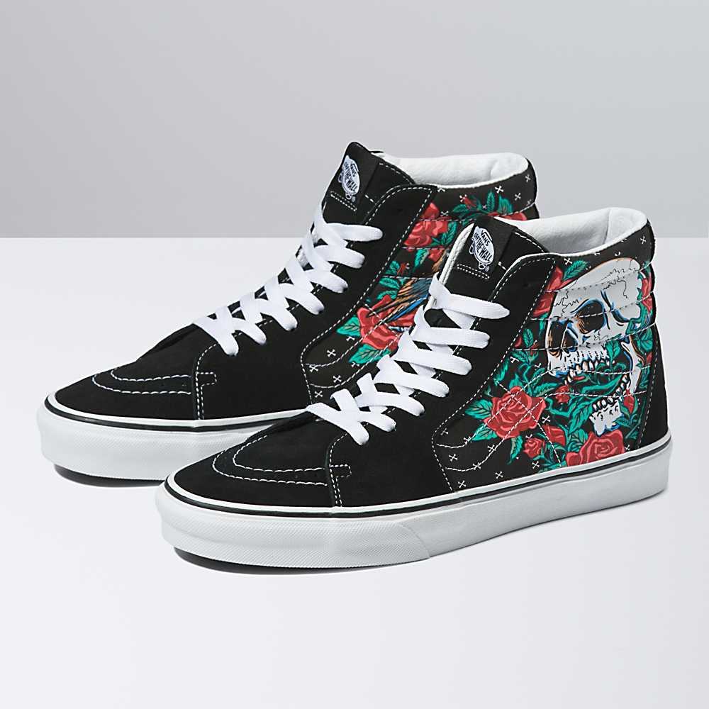 Men\'s Vans Rose Skulls Sk8-Hi Sneakers Black / White | USA14568