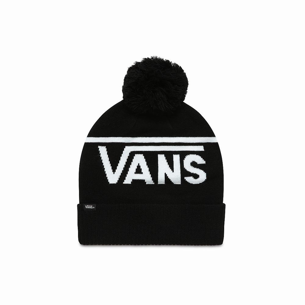 Men\'s Vans Stripe Pom Beanie Black / White | USA67138