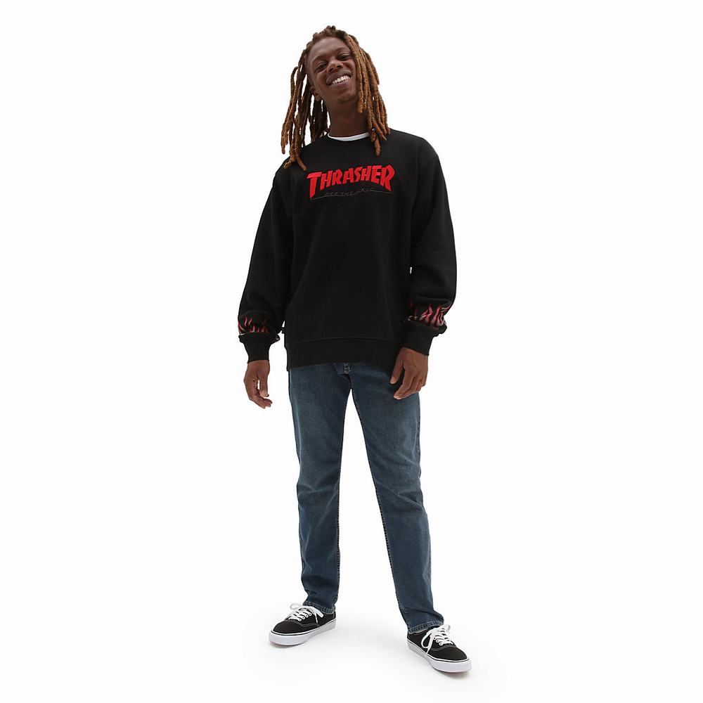 Men's Vans x Thrasher Flame Crew Sweatshirts Black | USA91865