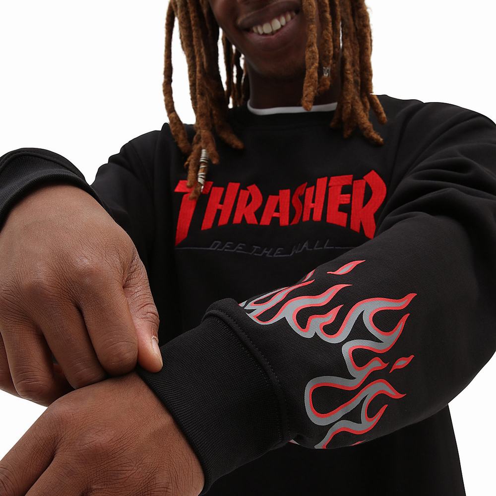 Men's Vans x Thrasher Flame Crew Sweatshirts Black | USA91865