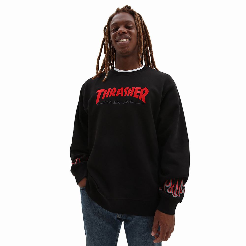 Men\'s Vans x Thrasher Flame Crew Sweatshirts Black | USA91865