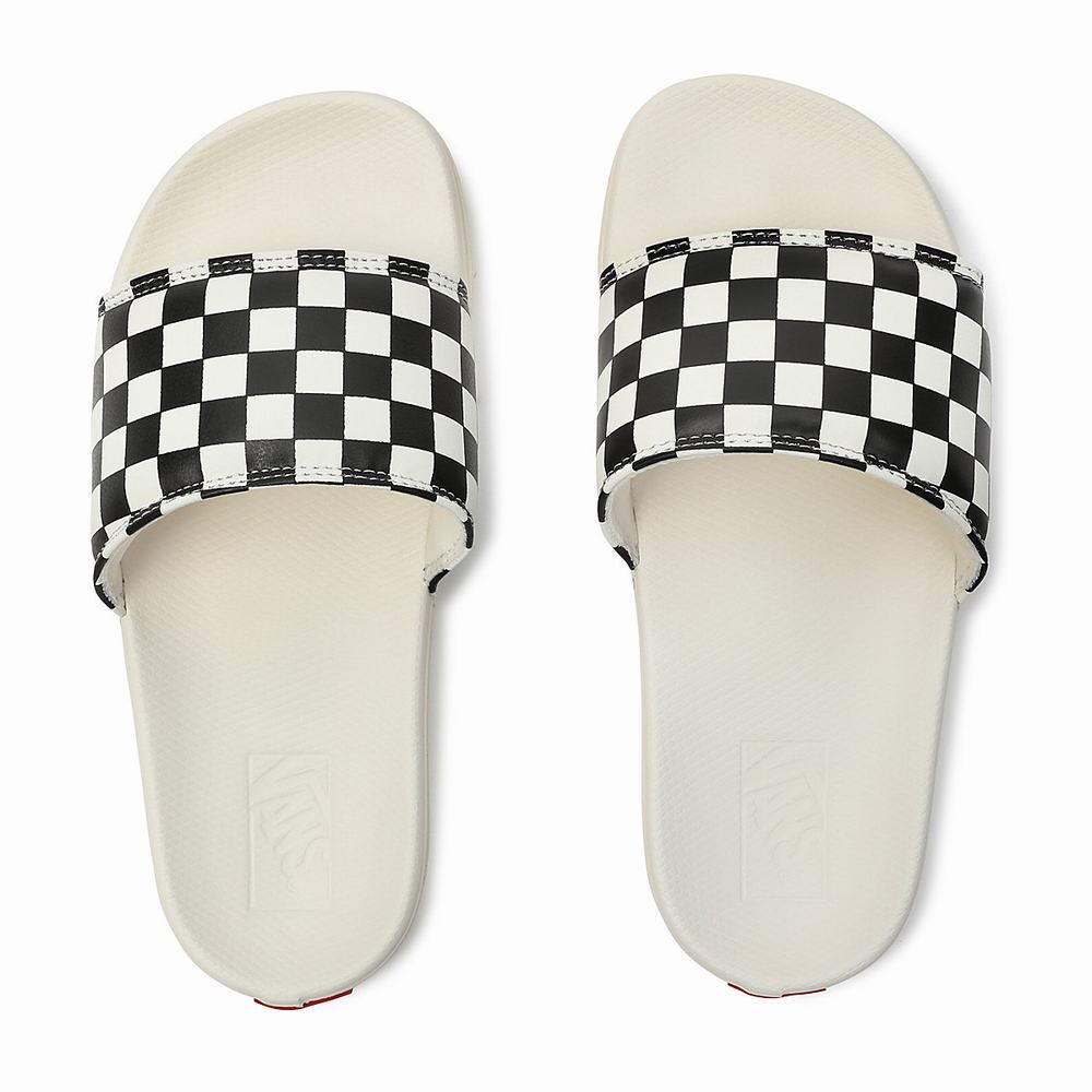 Women's Vans Checkerboard La Costa Slides Black / White | USA76142