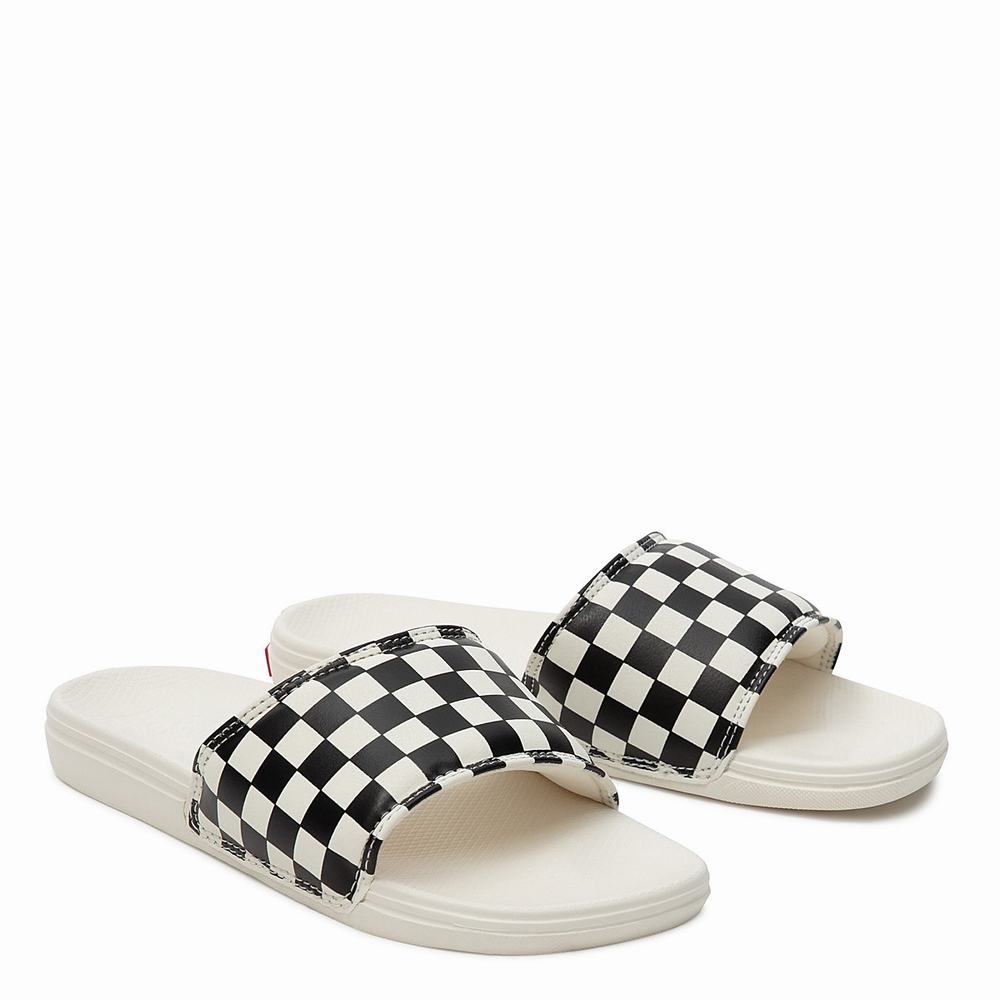 Women\'s Vans Checkerboard La Costa Slides Black / White | USA76142