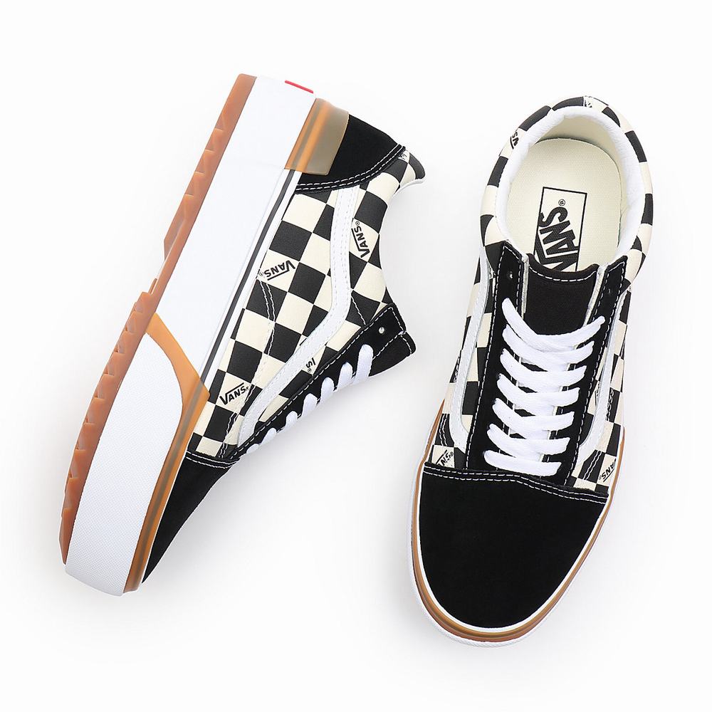 Women's Vans Checkerboard Old Skool Stacked Sneakers Black / White | USA83251