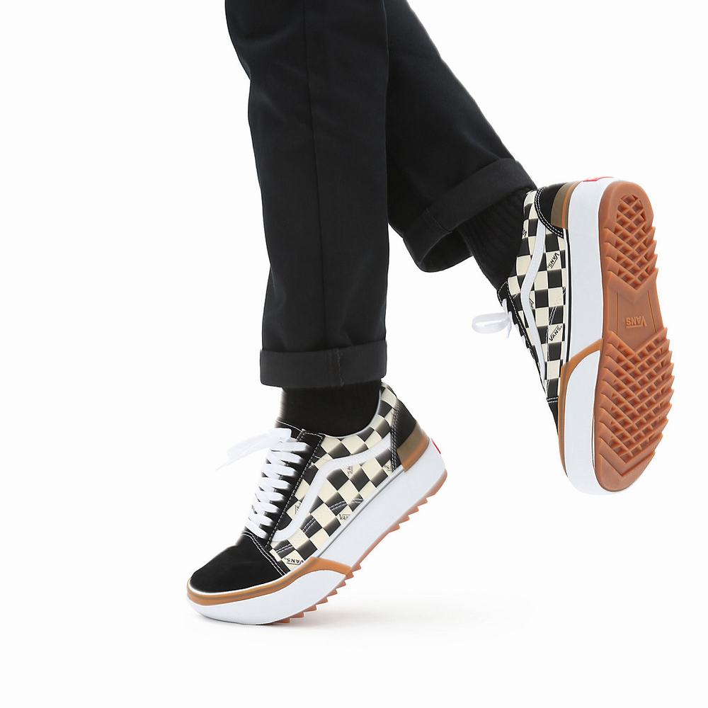 Women's Vans Checkerboard Old Skool Stacked Sneakers Black / White | USA83251