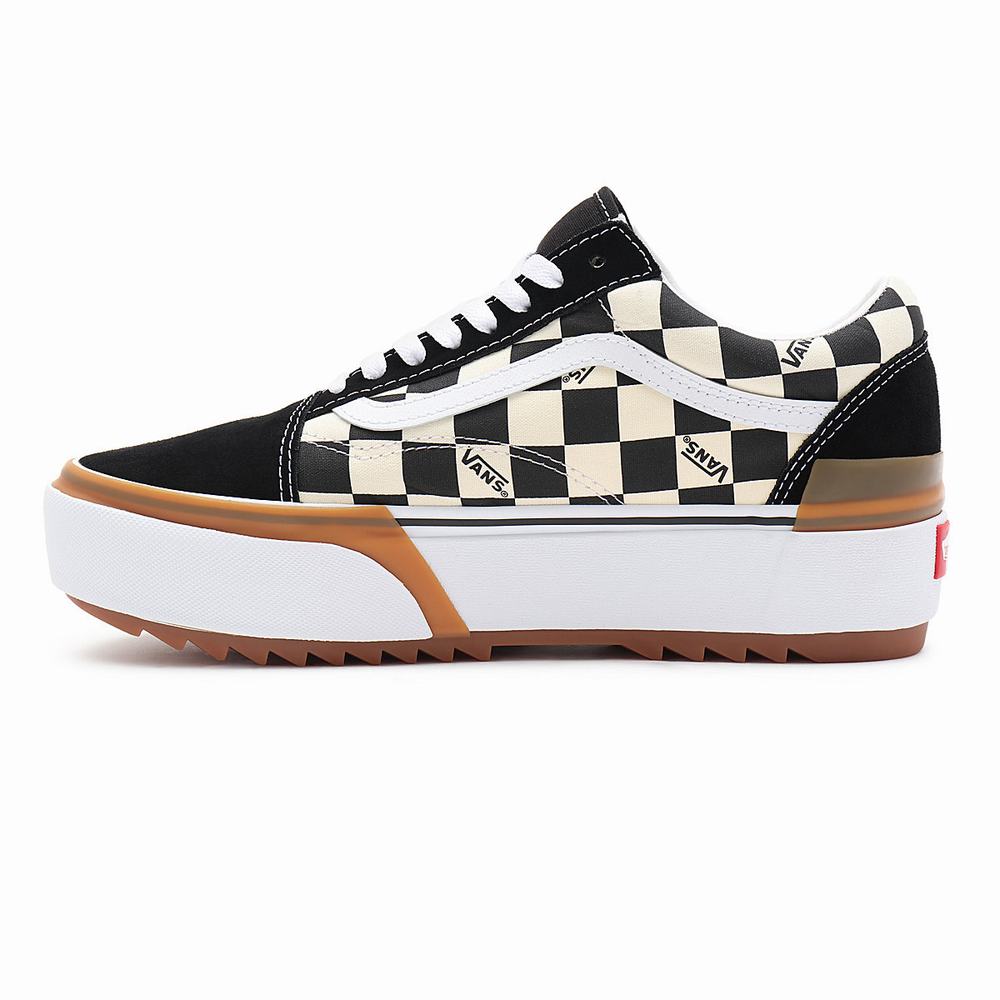 Women's Vans Checkerboard Old Skool Stacked Sneakers Black / White | USA83251