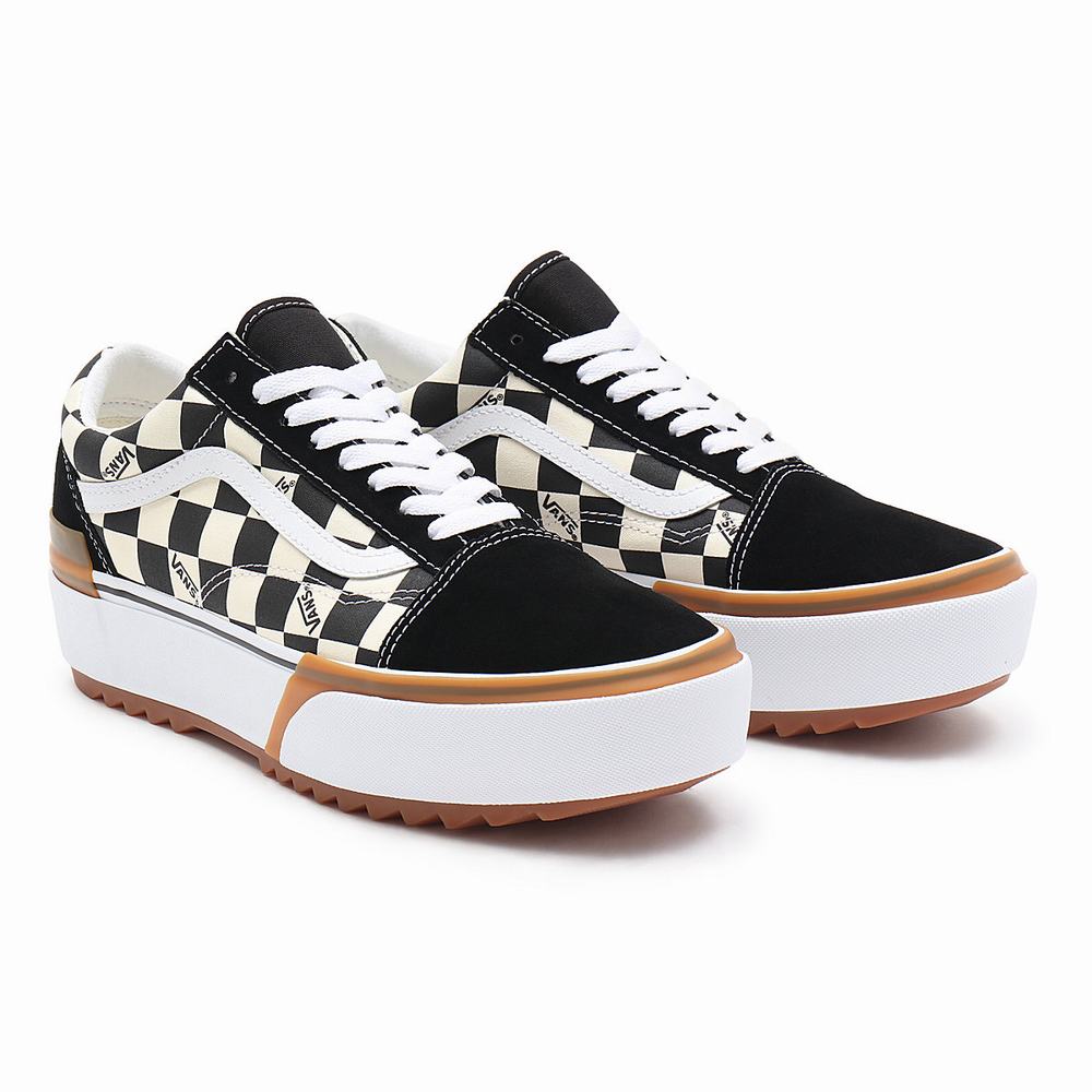 Women\'s Vans Checkerboard Old Skool Stacked Sneakers Black / White | USA83251