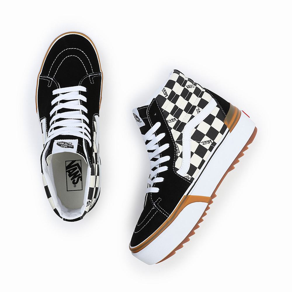 Women's Vans Checkerboard Sk8-Hi Stacked Sneakers Black / White | USA05967