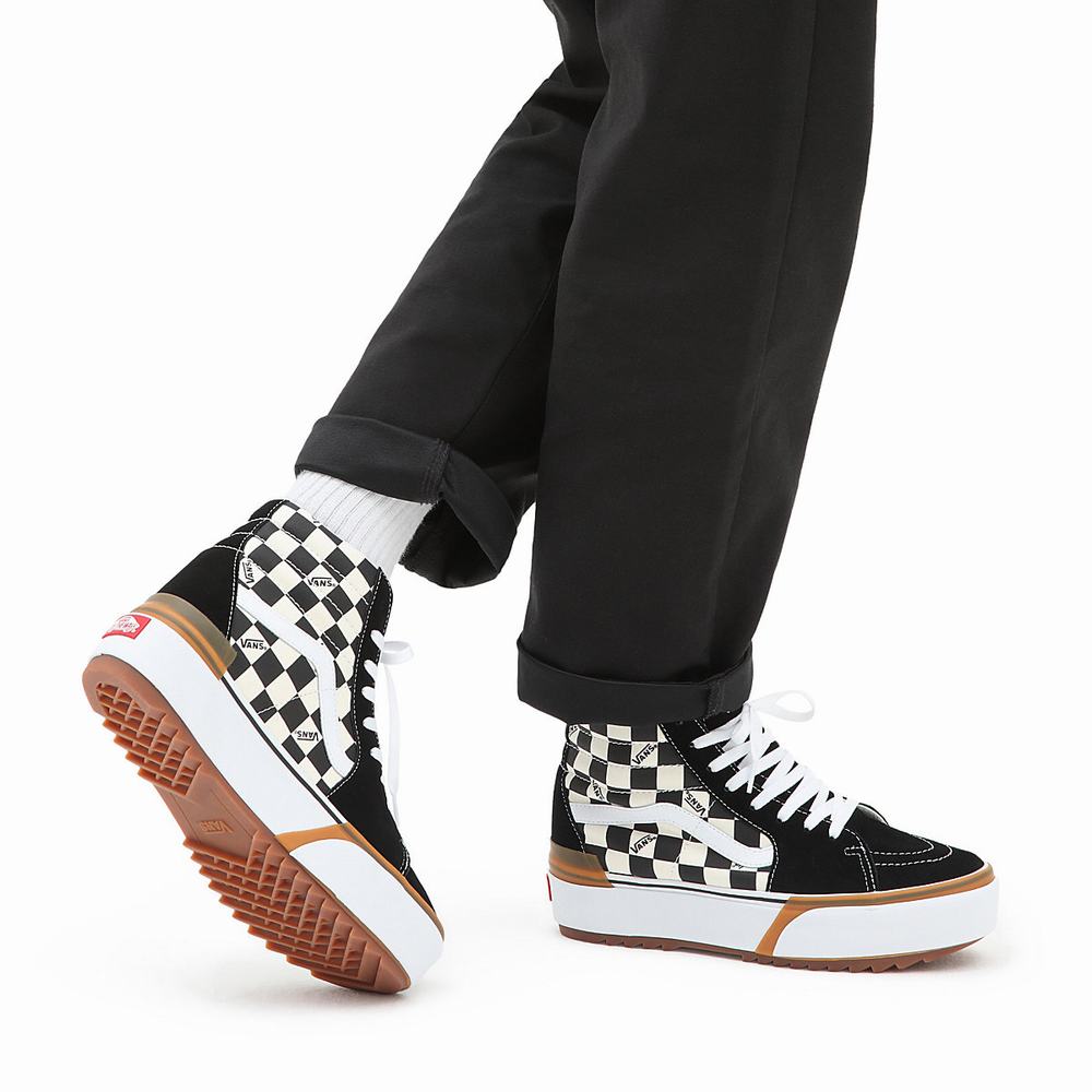 Women's Vans Checkerboard Sk8-Hi Stacked Sneakers Black / White | USA05967