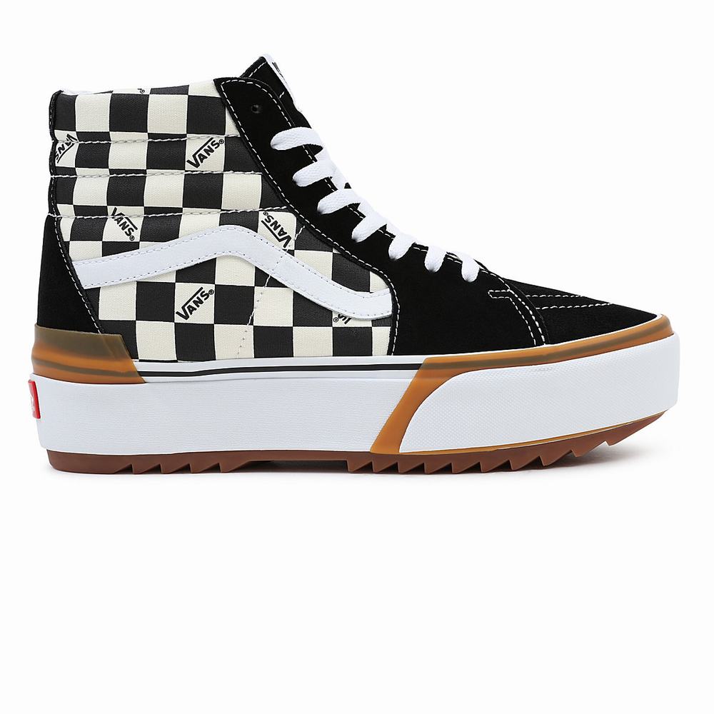 Women's Vans Checkerboard Sk8-Hi Stacked Sneakers Black / White | USA05967