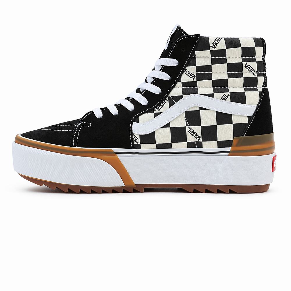 Women's Vans Checkerboard Sk8-Hi Stacked Sneakers Black / White | USA05967