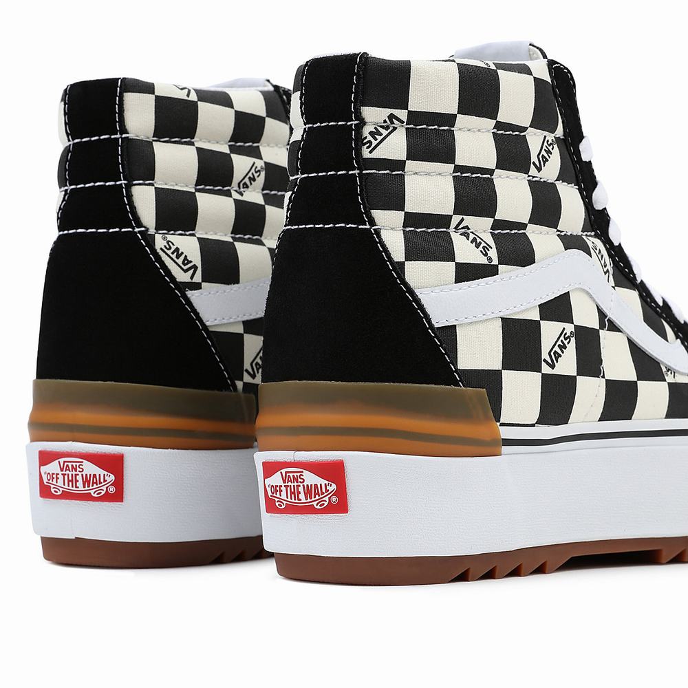 Women's Vans Checkerboard Sk8-Hi Stacked Sneakers Black / White | USA05967