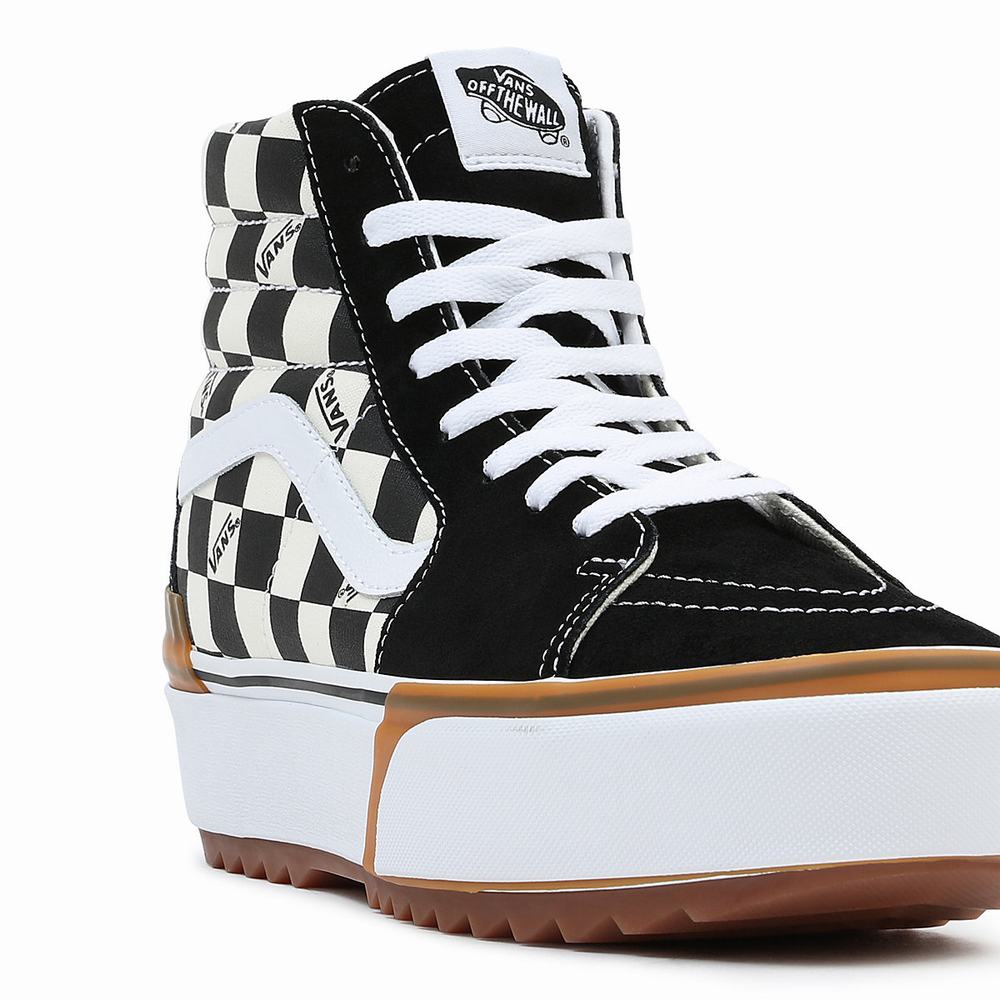 Women's Vans Checkerboard Sk8-Hi Stacked Sneakers Black / White | USA05967