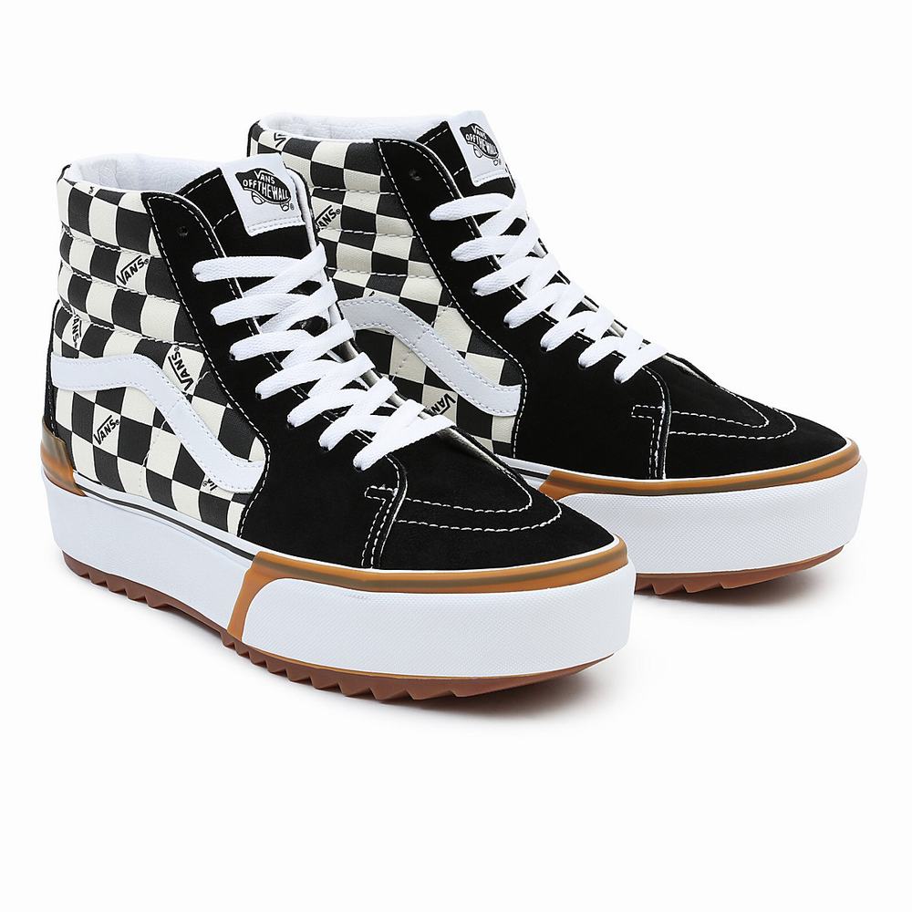 Women\'s Vans Checkerboard Sk8-Hi Stacked Sneakers Black / White | USA05967