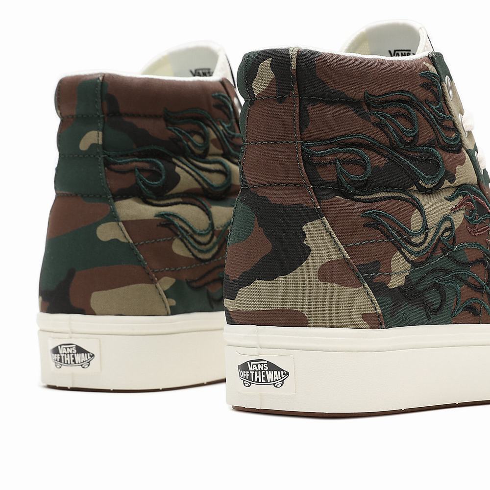 Women's Vans Flame Embroidery ComfyCush SK8-Hi Sneakers Green / Brown | USA75368