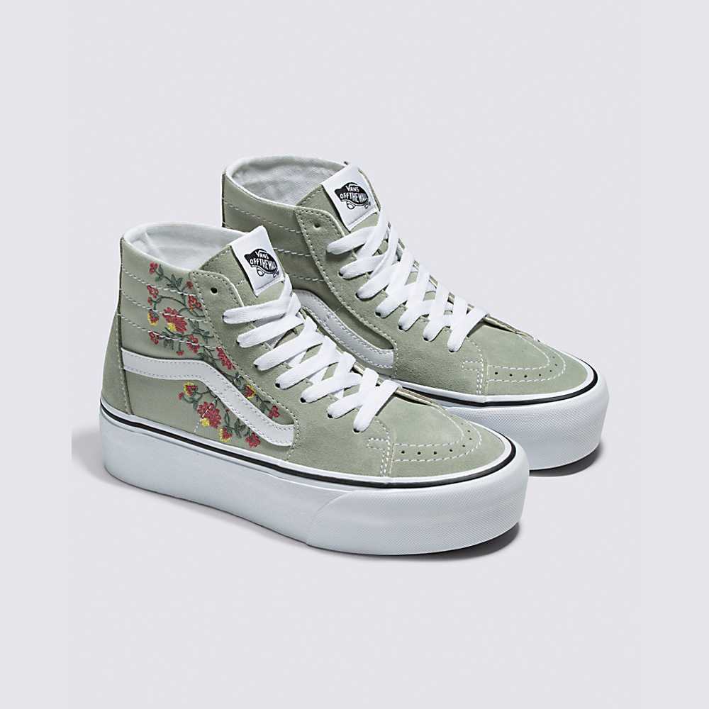 Women's Vans Floral Embroidery Sk8-Hi Tapered Stackform Sneakers Green | USA03712