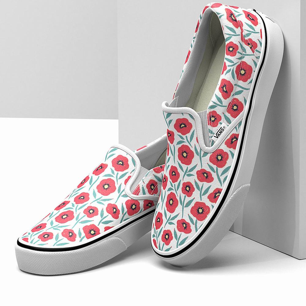 Women's Vans Flowers Classic Slip On Shoes White | USA04826