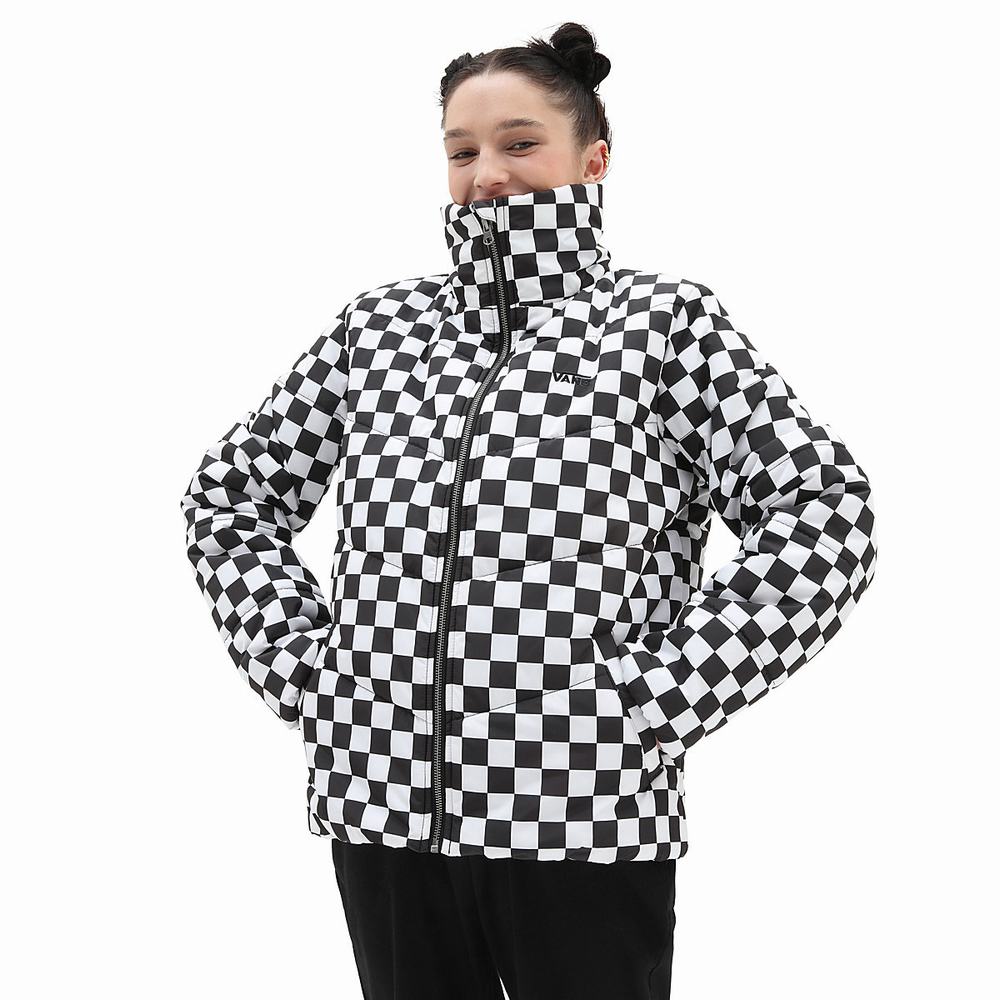 Women\'s Vans Foundry Print Puff MTE Jackets Black / White | USA26573