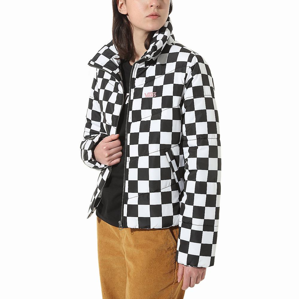 Women\'s Vans Foundry V Printed Puffer MTE Jackets Black / White | USA83529