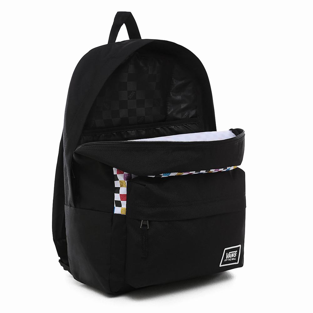 Women's Vans Glitter Check Realm Backpacks Black / Multicolor | USA78694