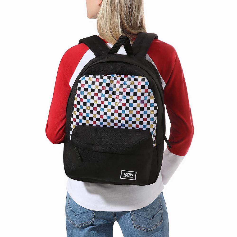 Women's Vans Glitter Check Realm Backpacks Black / Multicolor | USA78694