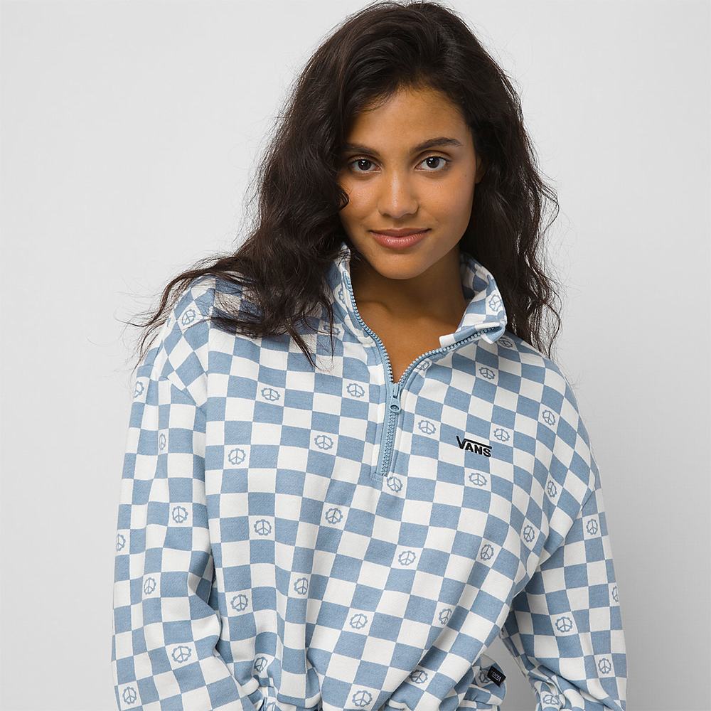 Women's Vans Left Chest Print Half Zip Sweatshirts Blue | USA08623