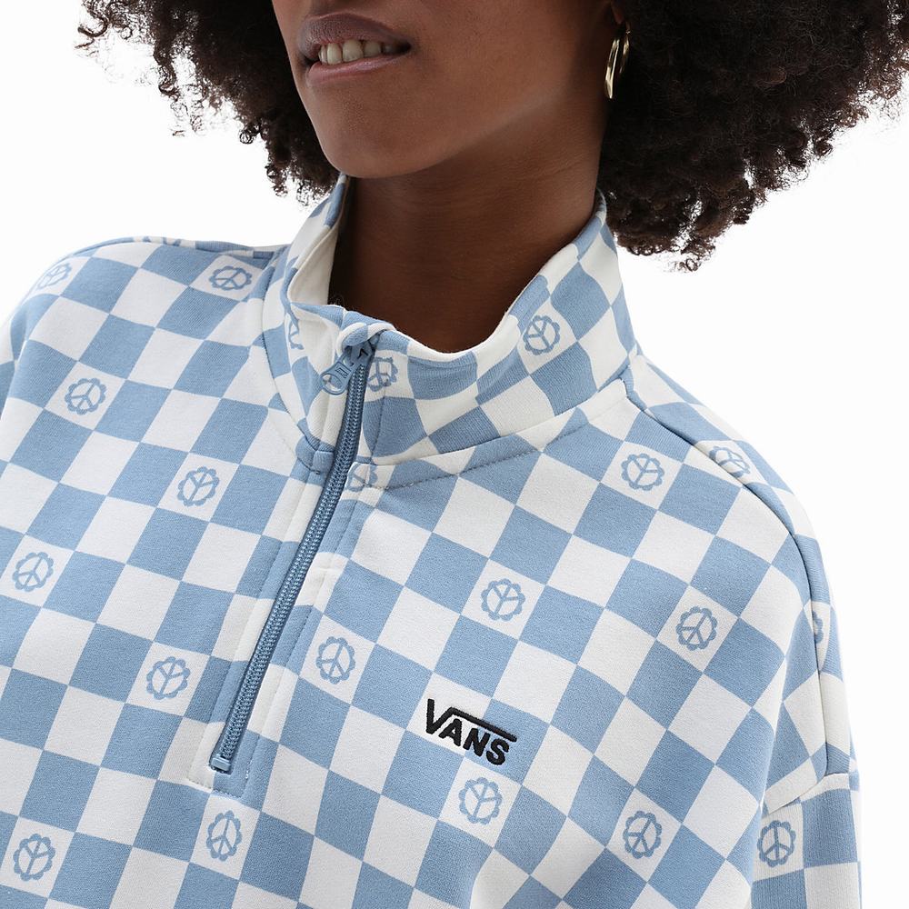 Women's Vans Left Chest Print Half Zip Sweatshirts Blue | USA08623