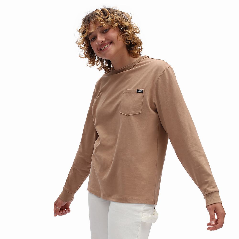 Women\'s Vans Long Sleeve OTW Pocket T Shirts Beige | USA69712