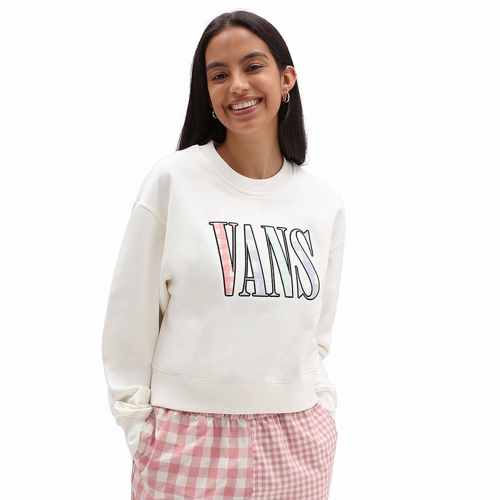 Women\'s Vans Mixed Up Gingham Cropped Crew Sweatshirts White | USA72018