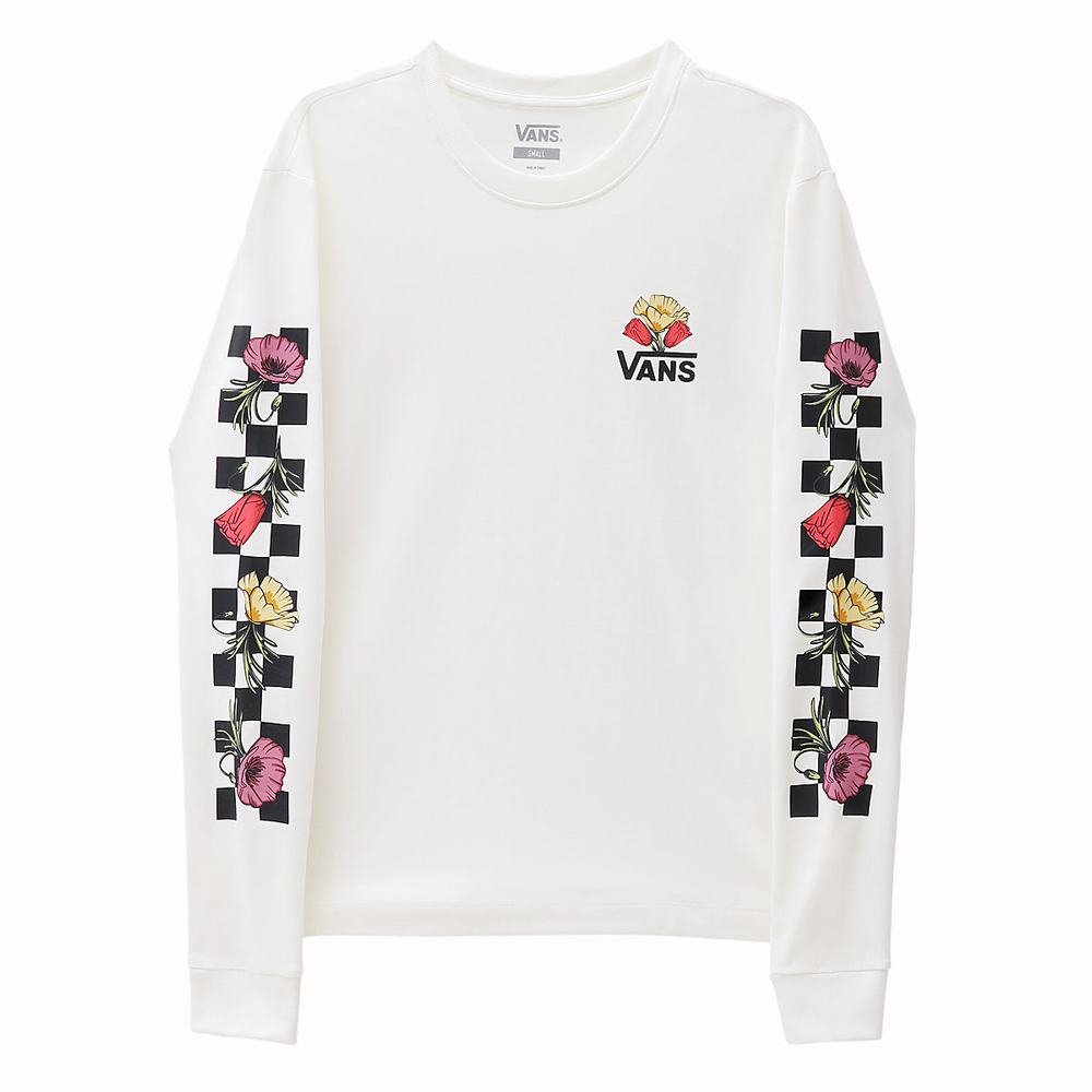 Women's Vans Poppy Check Long Sleeve BFF T Shirts White | USA47581