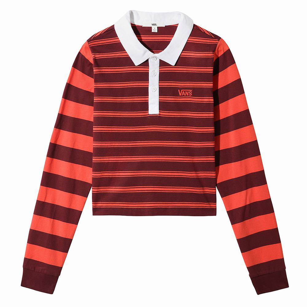 Women\'s Vans Stripe Block Long Sleeve Polo T Shirts Red | USA64812