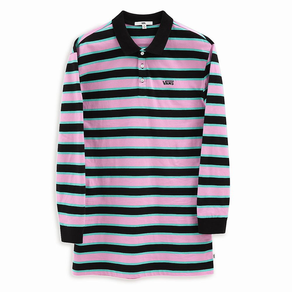 Women\'s Vans Stripe Polo Dress Black | USA60419