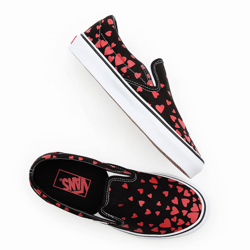 Women's Vans Valentines Hearts Classic Slip On Shoes Black | USA51604