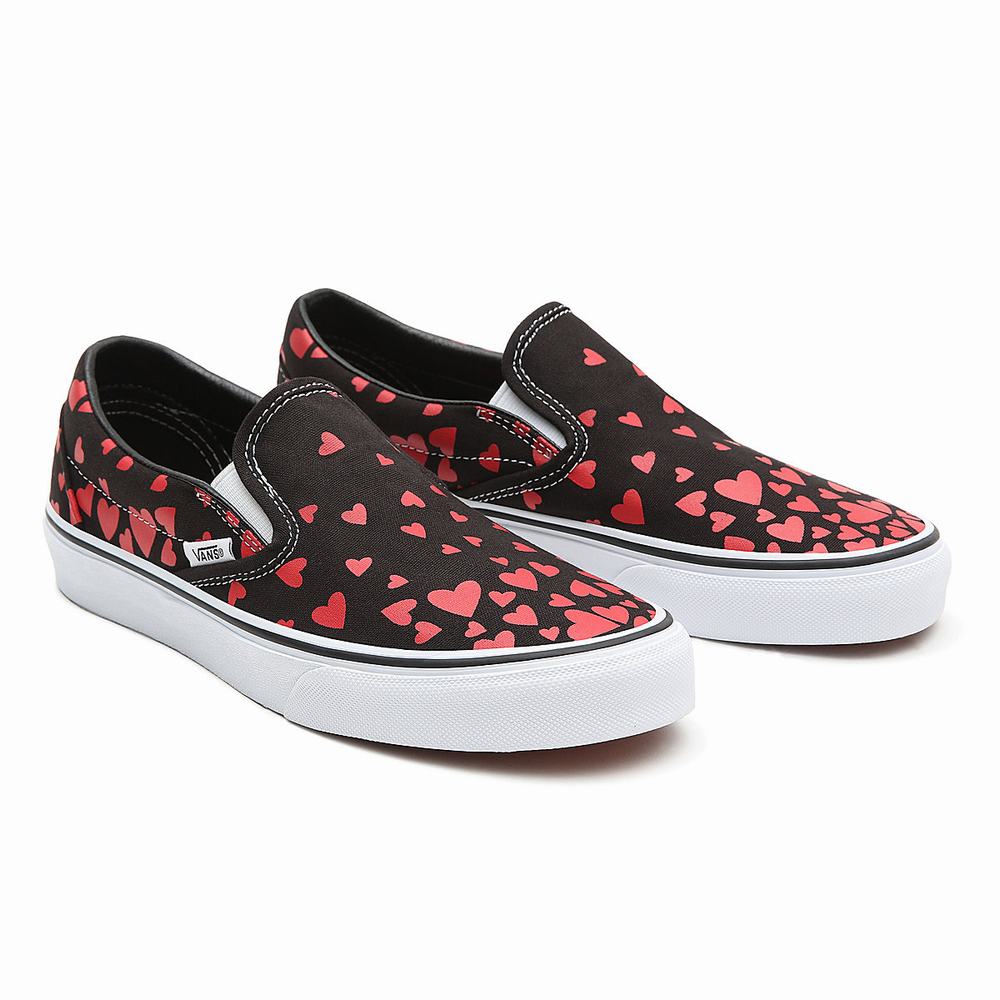 Women\'s Vans Valentines Hearts Classic Slip On Shoes Black | USA51604