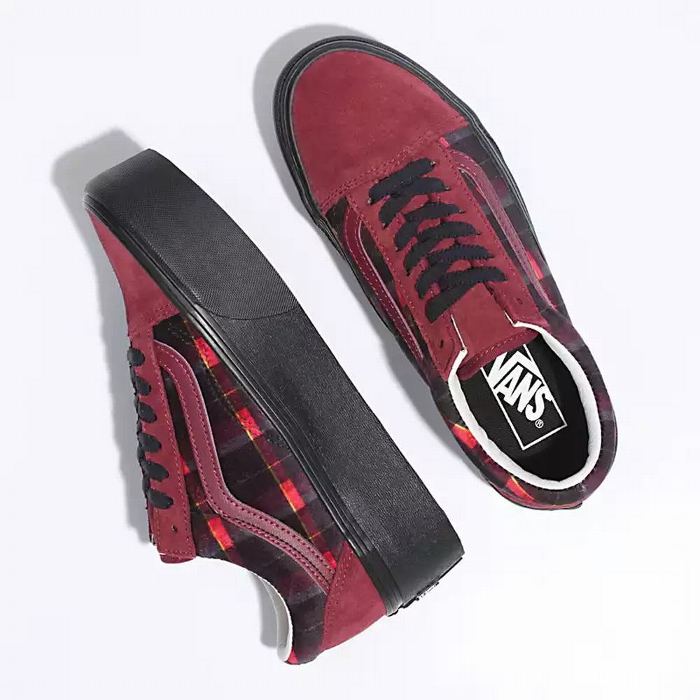 Women's Vans Velvet Plaid Old Skool Stackform Low Top Shoes Red / Black | USA87941