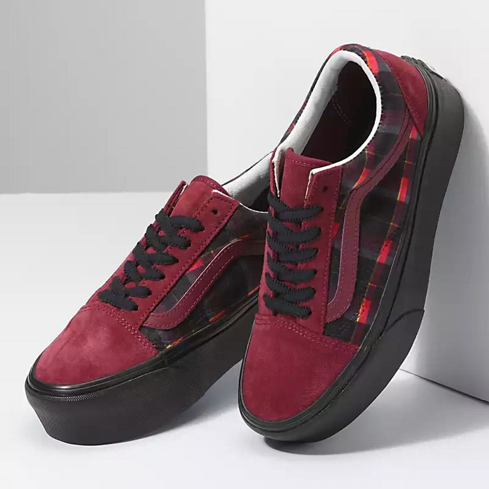 Women's Vans Velvet Plaid Old Skool Stackform Low Top Shoes Red / Black | USA87941