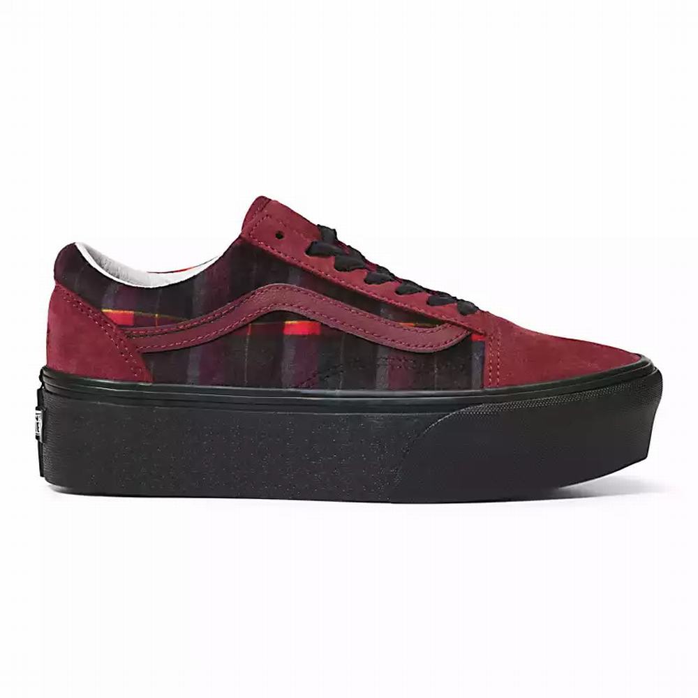 Women's Vans Velvet Plaid Old Skool Stackform Low Top Shoes Red / Black | USA87941