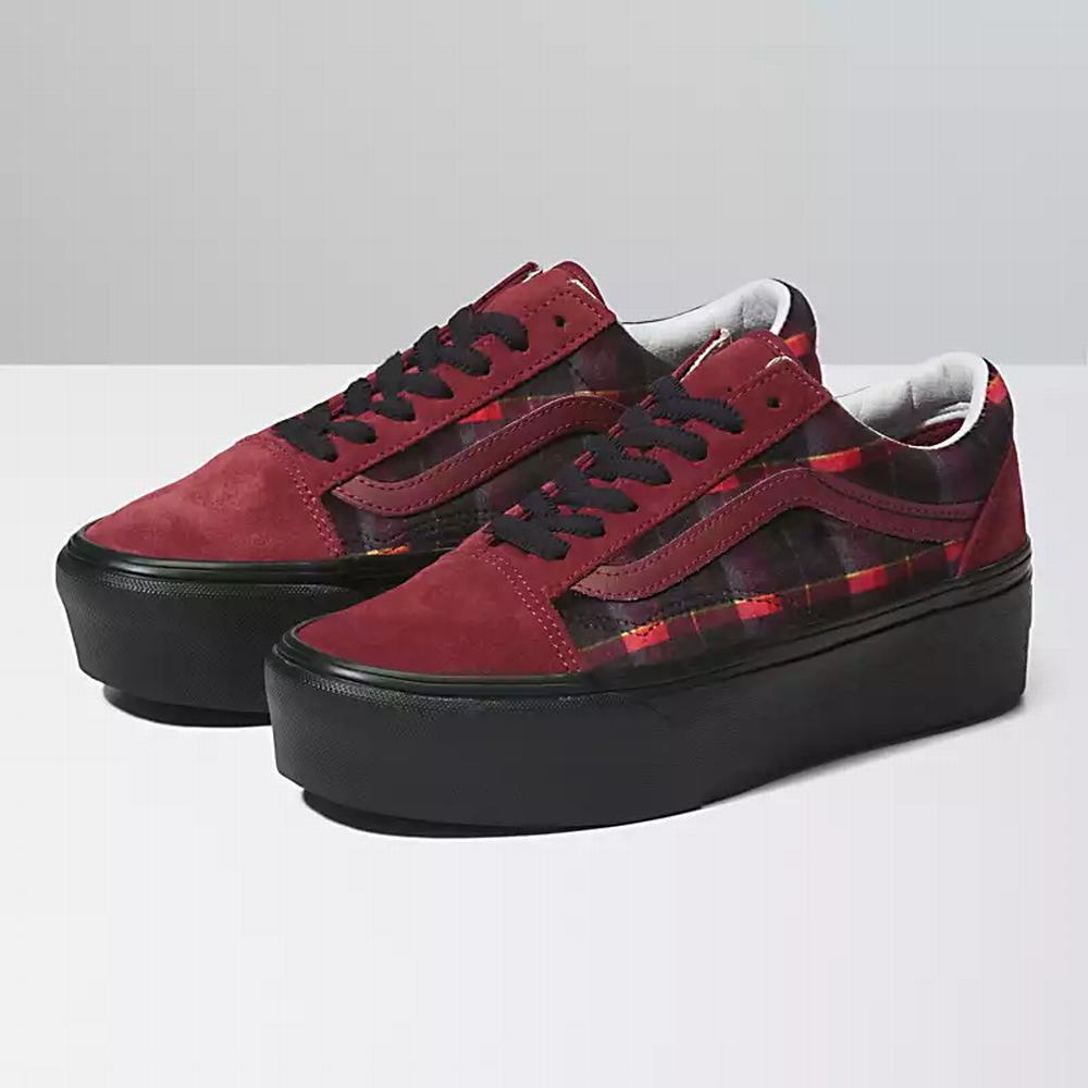 Women\'s Vans Velvet Plaid Old Skool Stackform Low Top Shoes Red / Black | USA87941