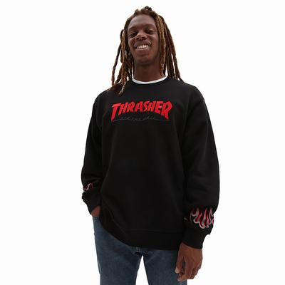 Men's Vans x Thrasher Flame Crew Sweatshirts Black | USA91865