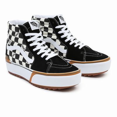 Women's Vans Checkerboard Sk8-Hi Stacked Sneakers Black / White | USA05967